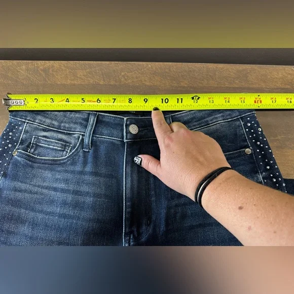 Judy Blue Women’s Dark Blue Flare Fit Jeans with Rhinestone Accents & Raw Hem - Picture 10 of 13